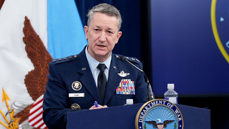 Chairman of the Joint Chiefs of Staff General Dan Caine holds a briefing. Pic: Reuters