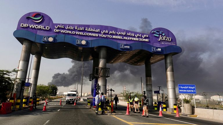 Smoke billows from Dubai's Jebel Ali port on Sunday after an Iranian attack. Pic: Reuters