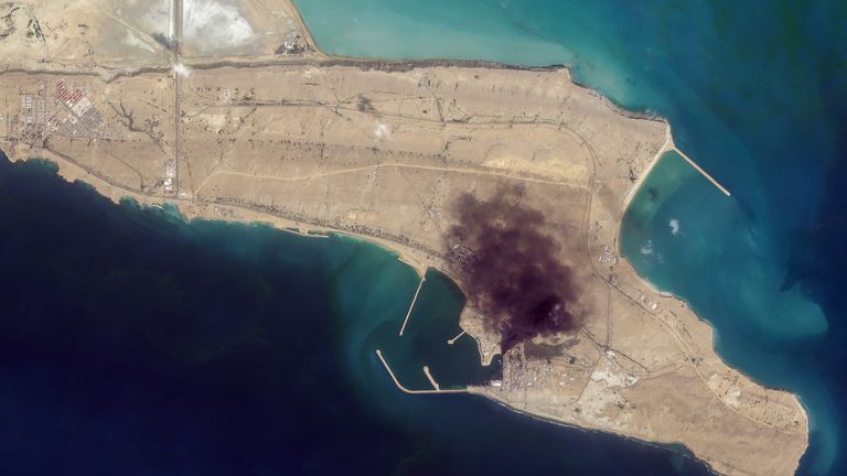 Damage visible at Konarak Naval Base, Iran, on 1 March. Pic: Planet Labs PBC