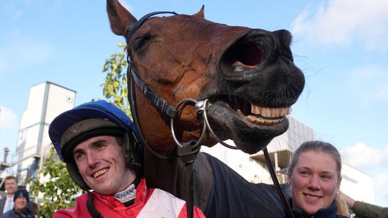 Jockey Darragh O'Keeffe after winning the BetVictor Champion Chase on Envoi Allen in Lisburn, Ireland in 2025, Pic: PA