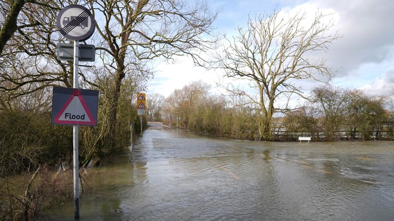 A flooded road in Mountsorrel, Leicestershire. Pic: PA