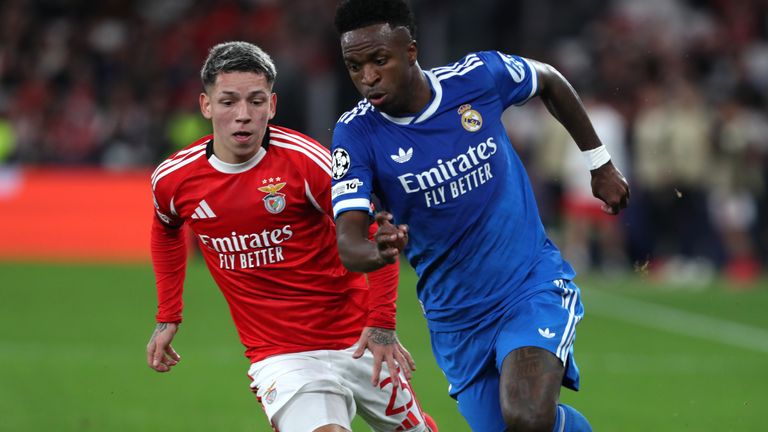 Benfica's Gianluca Prestianni and Real Madrid's Vinicius Junior playing in the Champions League on 17 February. Pic: AP