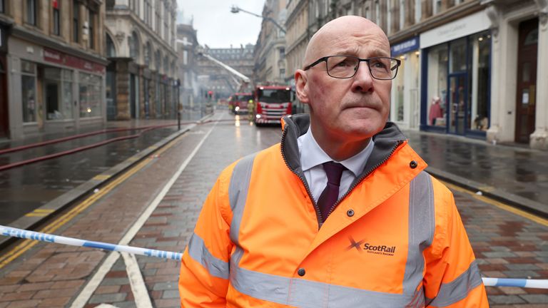 First Minister John Swinney visited the scene of the blaze on Monday. Pic: PA