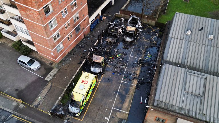 Four ambulances belonging to a Jewish community organisation were set on fire. Pic: Reuters