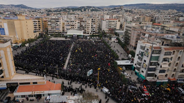 Hezbollah supporters gather to mourn the death of Iranian Supreme Leader Ayatollah Ali Khamenei in Beirut. Pic: AP