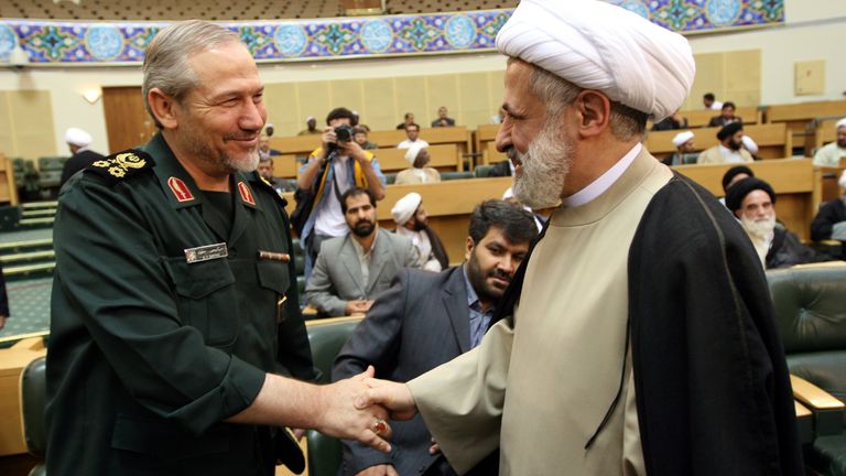Naim Kassem, the then-deputy leader of Hezbollah (right), greets the then-IRGC Commander-in-Chief Major General Yahya Rahim Safavi in 2007. Kassem now leads the militant group. Pic: AP