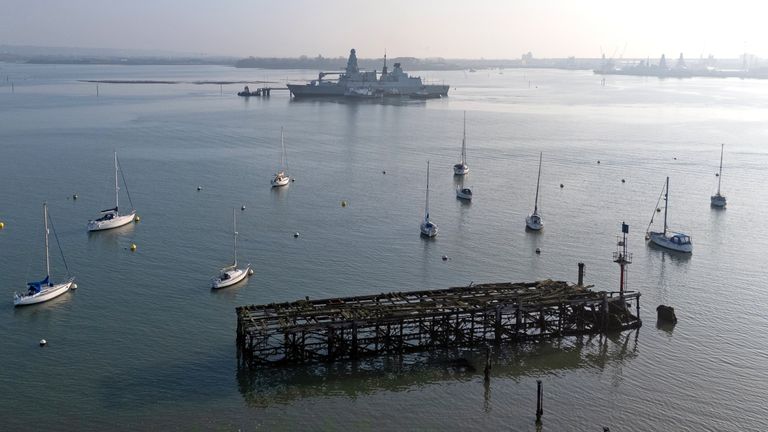 Royal Navy Type 45 destroyer HMS Dragon at the Upper Harbour Ammunition Facility (UHAF) in Portsmouth harbour, Hampshire, ahead of being deployed to protect British military personnel in Cyprus. Pic: PA