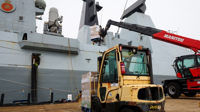 Loading stores on HMS Dragon on Monday. Pic: MoD