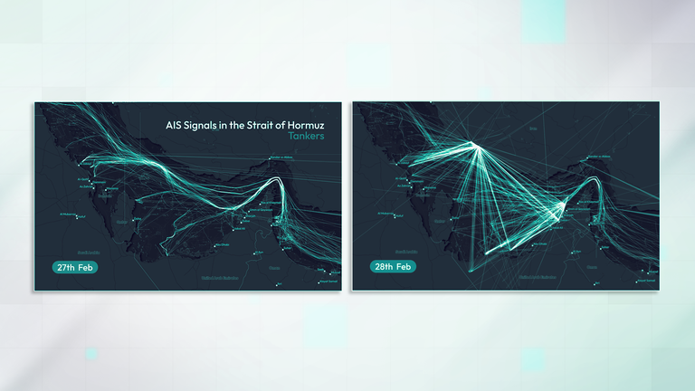 AIS signals from ships in the Straight of Hormuz have been disrupted by interference. Source: Kpler/Marine Traffic