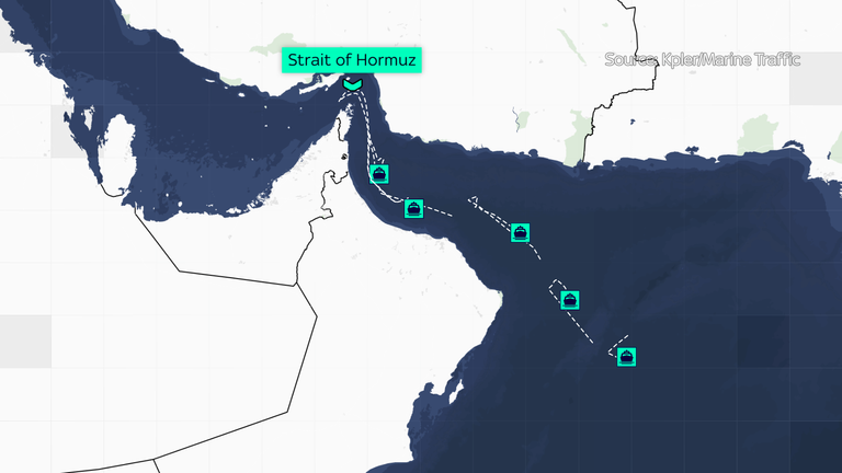Sky News has tracked five oil tankers turning away from the straight of Hormuz, 1 March 2026. Source: Kpler/Marine Traffic