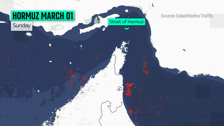 Tankers in the Straight of Hormuz, March 1 2026