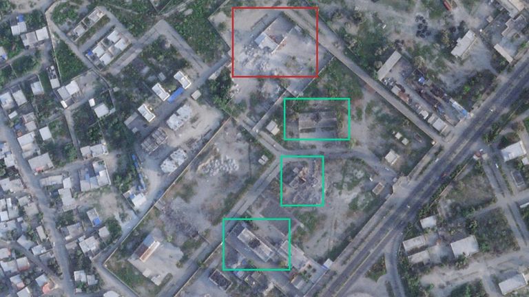 There were three visible strike impact points on buildings at the IRCG base and an impact on a school. Credit: Planet Labs PBC