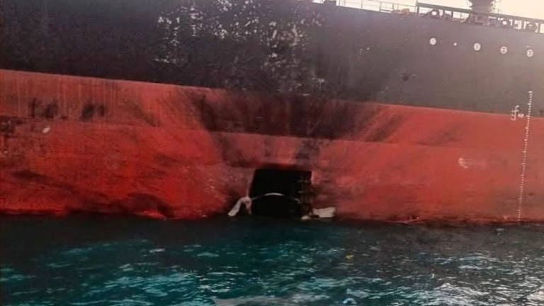Damage caused by an Iranian maritime drone to a US-registered tanker in the Gulf