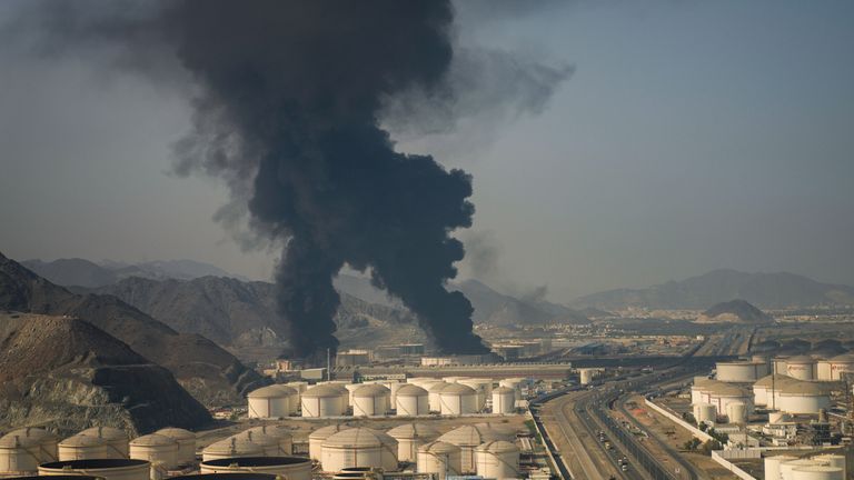 Fire and smoke rise from an oil facility in Fujairah, UAE, in March Pic: AP