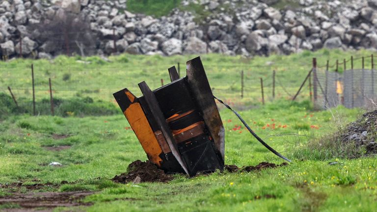 The tailfin of a missile in the Israeli-occupied Golan Heights. Pic: Reuters