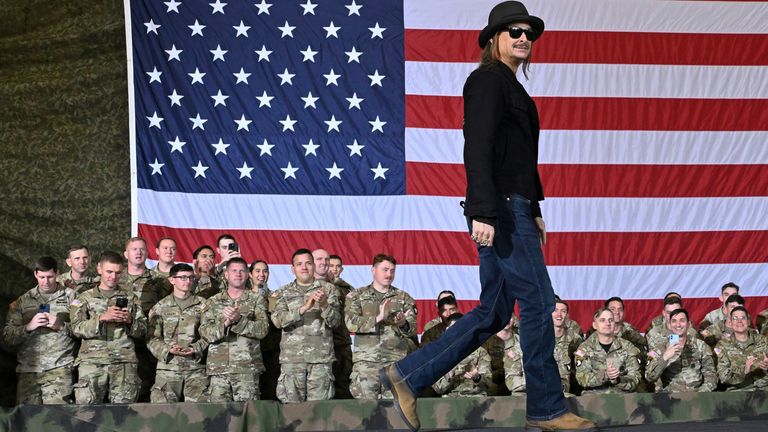 Kid Rock introducing JD Vance to troops during a visit to Fort Campbell in November. Pic: AP