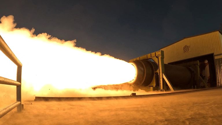 A ground ejection test of what KCNA says is a high-output solid-fuel engine using carbon fiber composite materials. Pic: Reuters