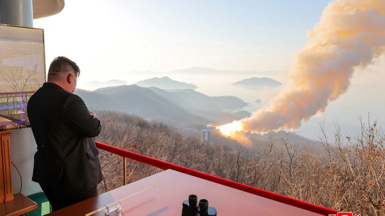 Kim Jong Un observes a ground ejection test. Pic: Reuters