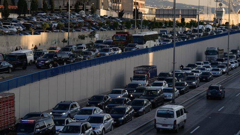 People trying to flee from Dahiyeh in Beirut's southern suburbs. Pic: AP
