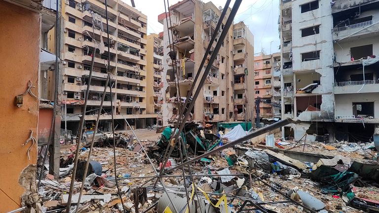 Damage caused by an Israeli attack in southern Beirut. Pic: Reuters