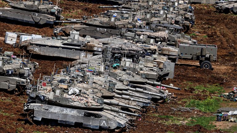Israeli tanks on the Israeli side of the border. Pic: Reuters