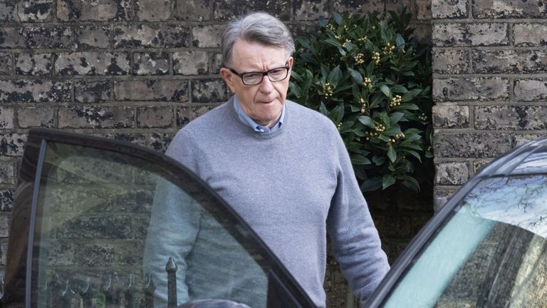 Lord Mandelson leaves his north London home on Wednesday. Pic: PA