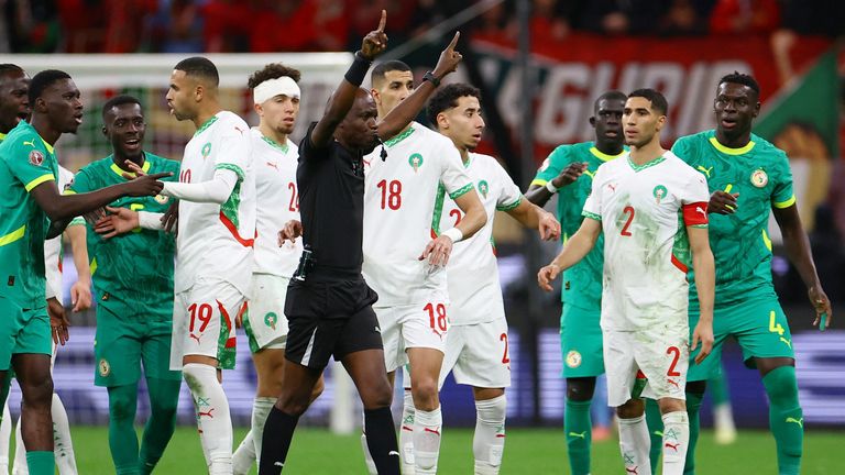 Referee Jean-Jacques Ndala awarded Morocco a penalty after a VAR review. Photo: Reuters