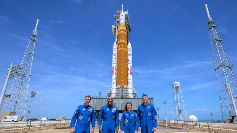 The astronauts at NASA's Kennedy Space Center on Monday ahead of Artemis II launch. Pic: NASA/AP