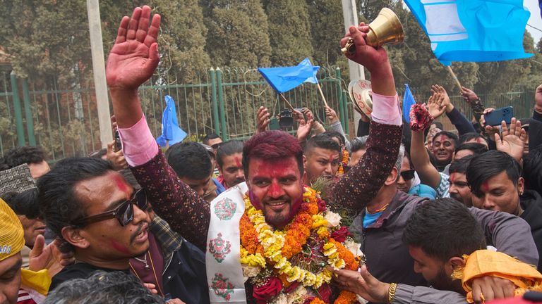 Supporters of the Rastriya Swatantra Party celebrate. Pic: AP