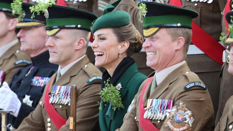 The Princess of Wales poses for a group photo with the Irish Guards. Pic: PA