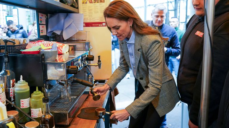 The Princess of Wales making a cappuccino for the Prince of Wales during a visit to Borough Market.
Pic: PA