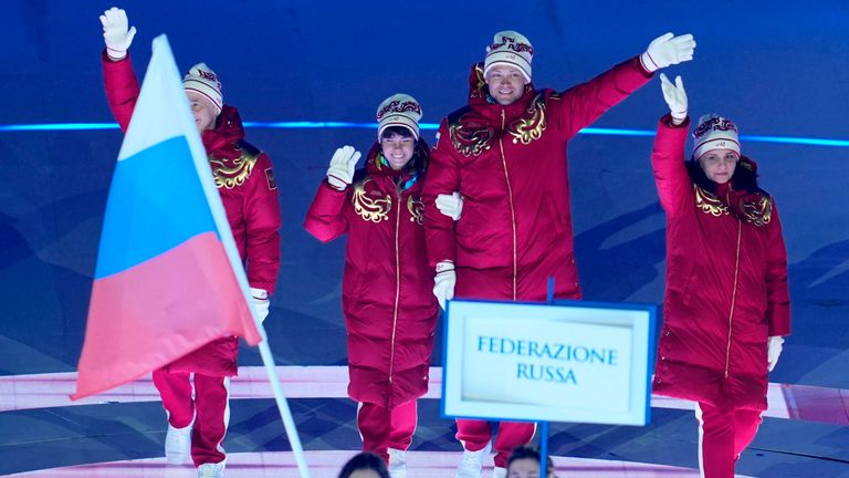 Russian athletes during the athletes' parade during the opening ceremony of the Paralympics. Image: Reuters / Matteo Ciambelli