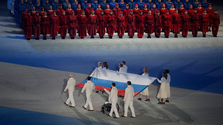 The Russian flag in its last appearance at a Paralympic Winter Games opening ceremony in 2014 in Sochi. Pic: Reuters