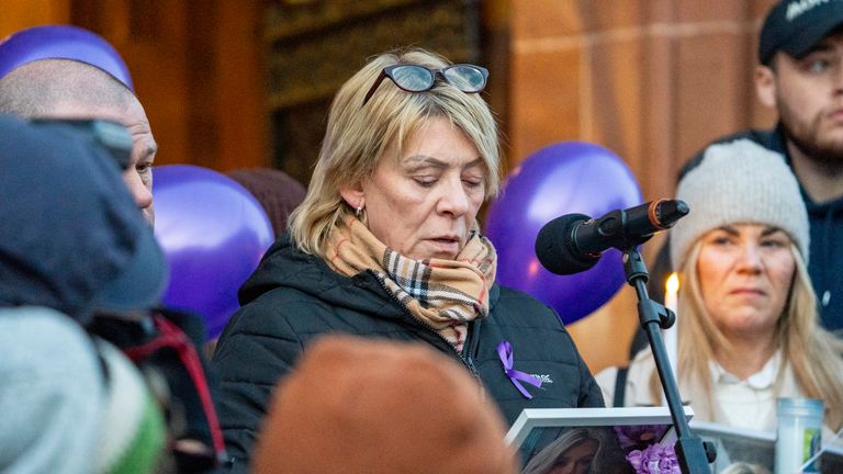 Sharon Doherty speaks at the vigil for her daughter Amy. Pic: PA
