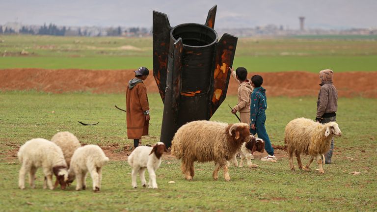 An unexploded Iranian projectile that landed in near Qamishli, eastern Syria. Pic: AP