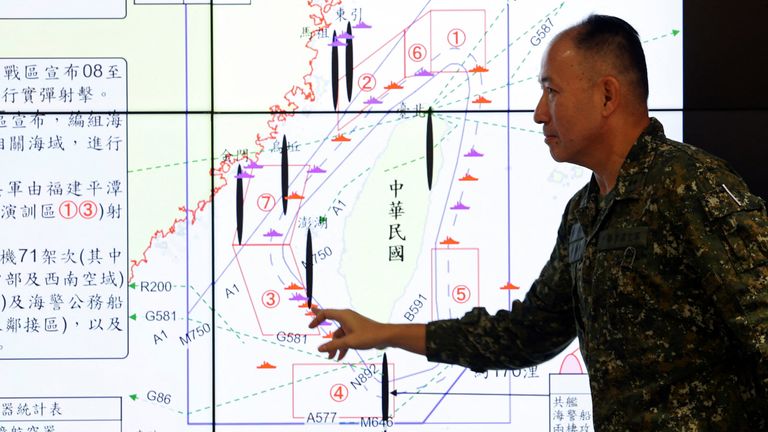 Taiwanese briefing on China's drills. Pic: Reuters