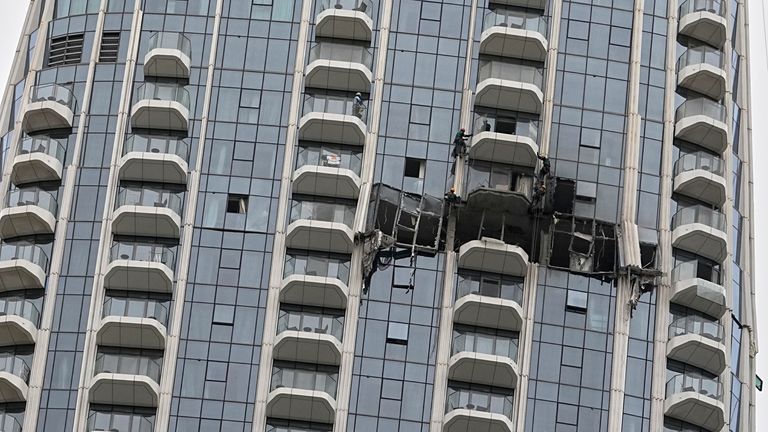 Damage from a drone strike at the Address Creek Harbour hotel in Dubai. Pic: AP