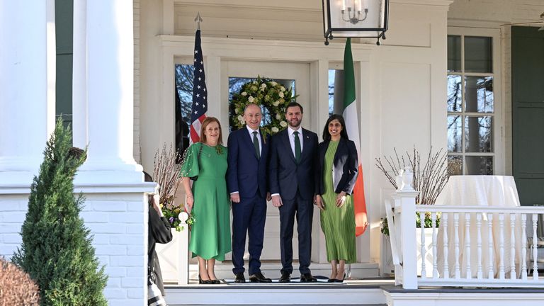 US Vice President JD Vance and Second Lady Usha Vance greet the Irish PM Micheal Martin and his wife Mary O'Shea. Pic: Reuters