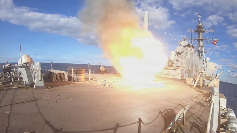 The USS Winston S Churchill fires a Tomahawk missile as part of Operation Epic Fury. Pic: US Navy/AP