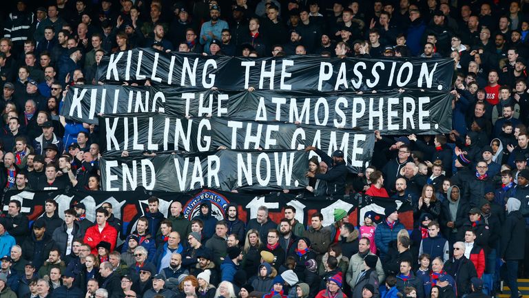 Crystal Palace fans hold up a banner against VAR during a January 2020 match against Arsenal. Pic: AP