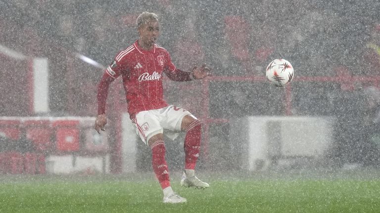 Nottingham Forest's Omari Hutchinson in action in the heavy rain during a match in Nottingham. Pic: PA
