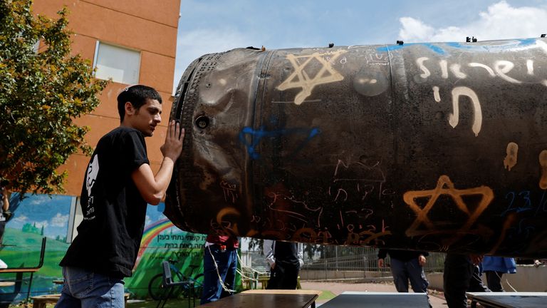 Part of a missile landed in a nursery school playground in the Israeli settlement of Peduel in the West Bank. Pic: Reuters