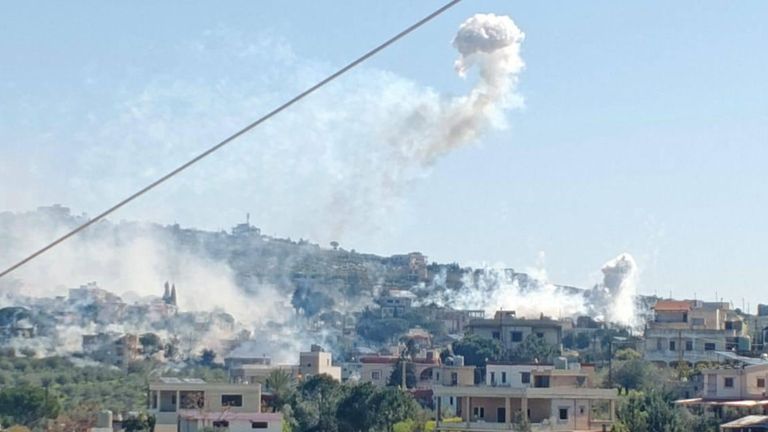 A white cloud rising over the town of Yohmor, Lebanon on 3 March, 2026. Human Rights Watch says the substance is white phosphorus. Pic: Islamic Health Committee