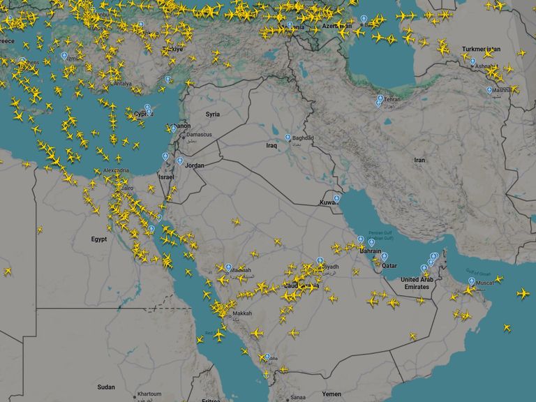 Air traffic over the Middle East at 1.40pm on Sunday. Pic: FlightRadar24