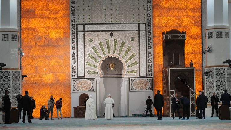Pope Leo is welcomed at the Great Mosque in Algiers. Pic: AP