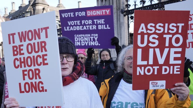 Campaigners on both side protest outside parliament in November 2024, while MPs debated assisted dying for the first time. Pic: PA