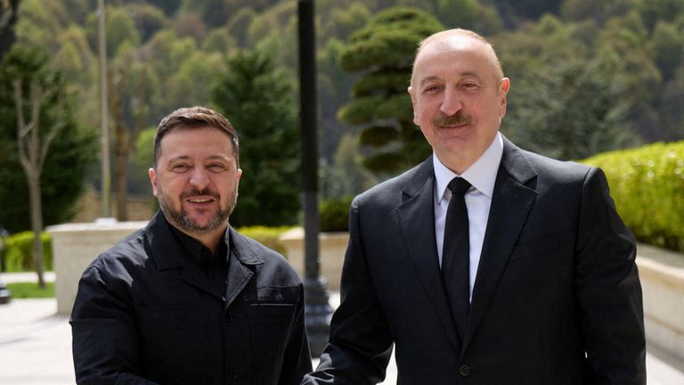 Azerbaijan's president greets his Ukrainian counterpart ahead of high-level talks. Pic: Ukrainian Presidential Press Service/Reuters