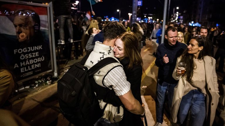 People celebrate after the Tisza Party wins the Hungarian parliamentary election. Pic: Reuters