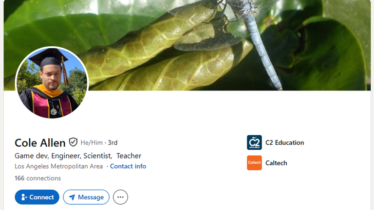 LinkedIn profile screengrab for 31-year-old Cole Allen, from Torrance, California