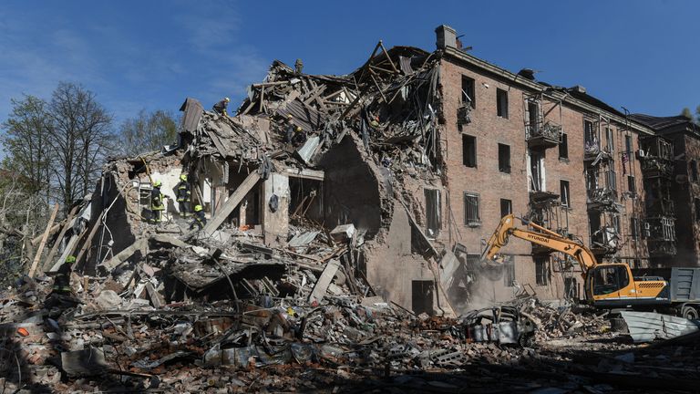 A building in Dnipro hit by a Russian strike overnight. Pic: AP